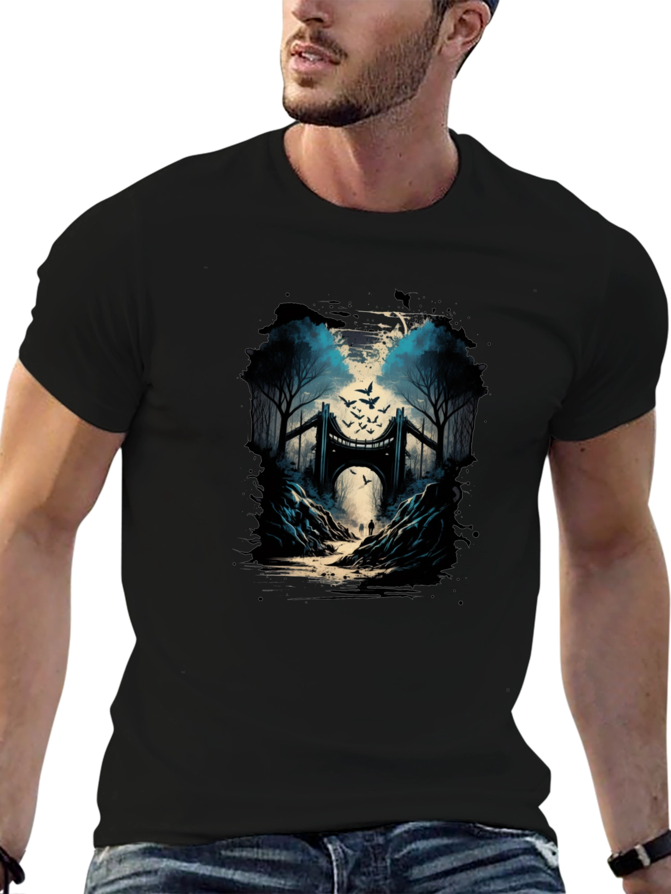 Bridge and Birds Graphic Tee - Unique Black T-Shirt