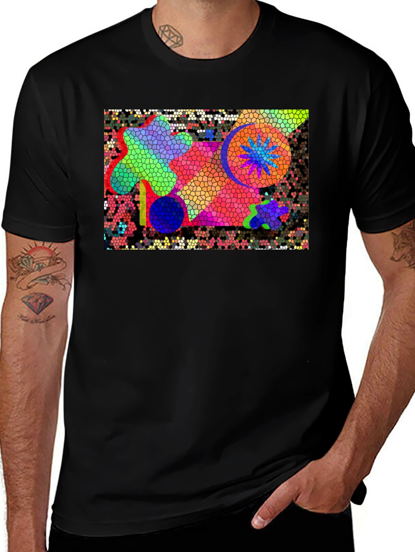Mosaic Art Graphic Print Black T-Shirt