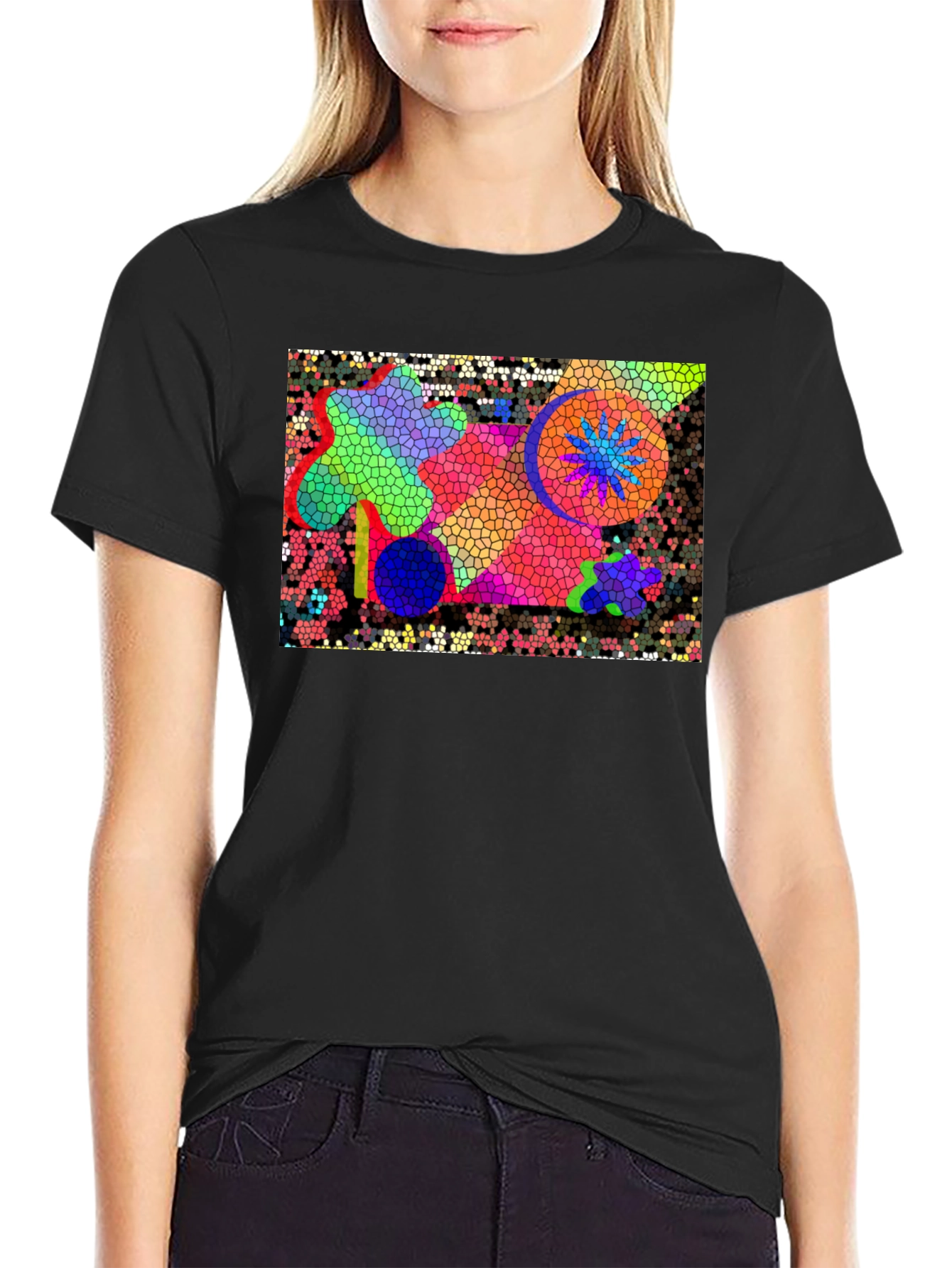 Mosaic Art Graphic Print Black T-Shirt