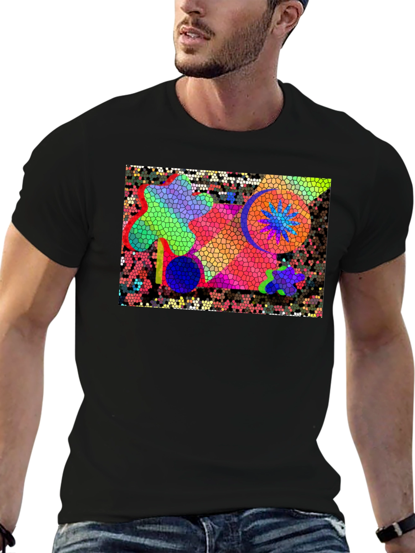 Mosaic Art Graphic Print Black T-Shirt