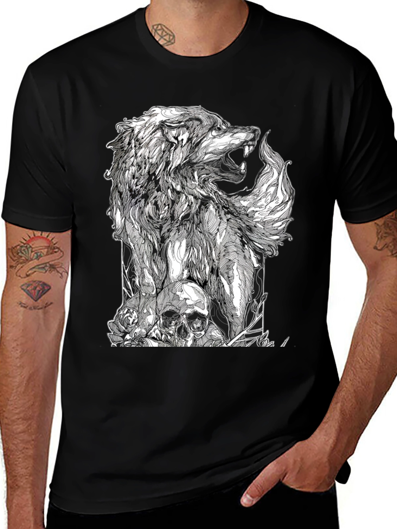 Wolf Skull Graphic Tee - Black