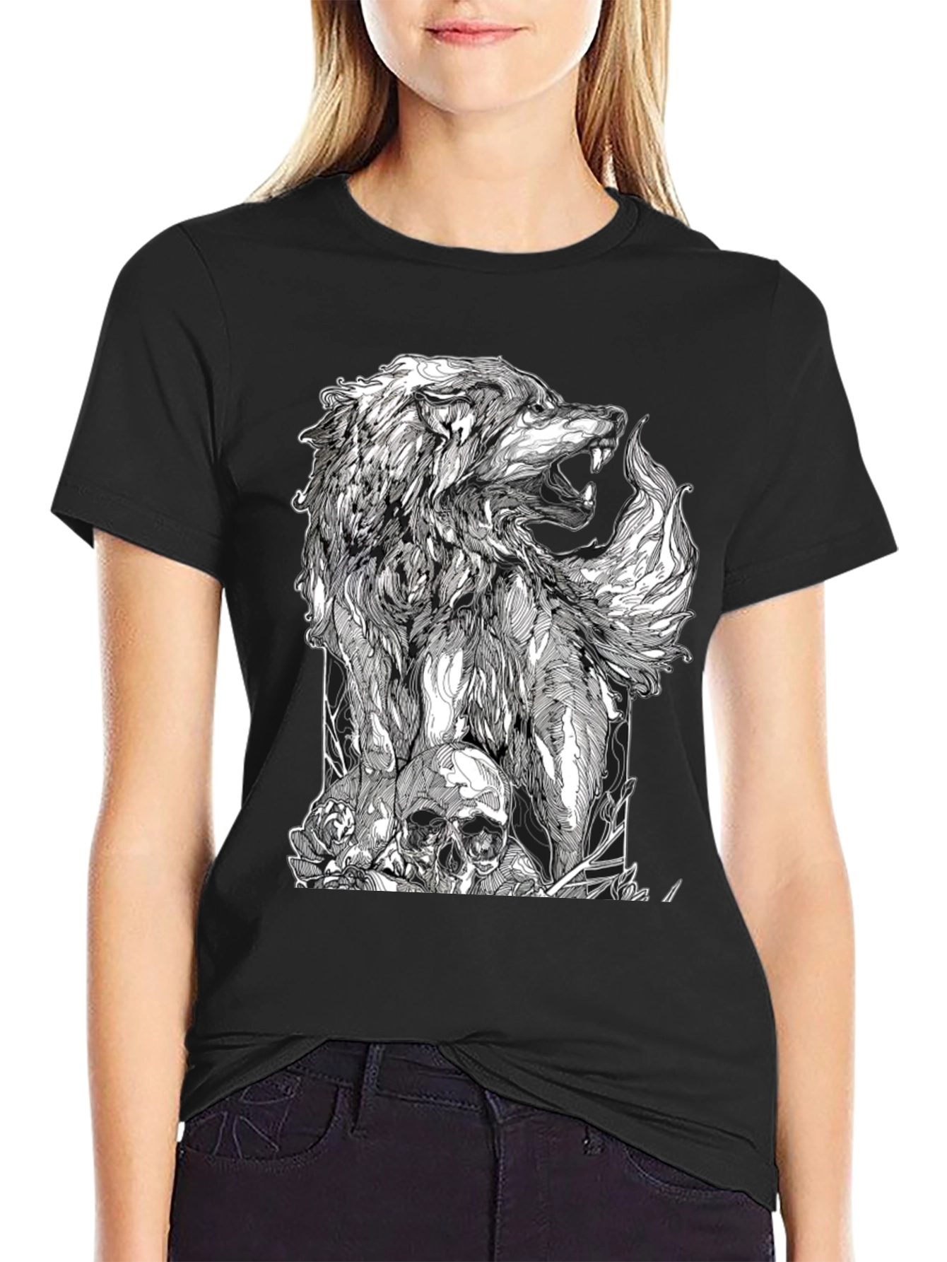 Wolf Skull Graphic Tee - Black