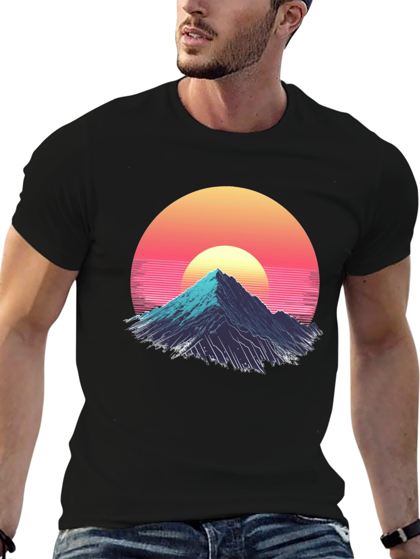 Retro Mountain Sunset Graphic Tee - Black