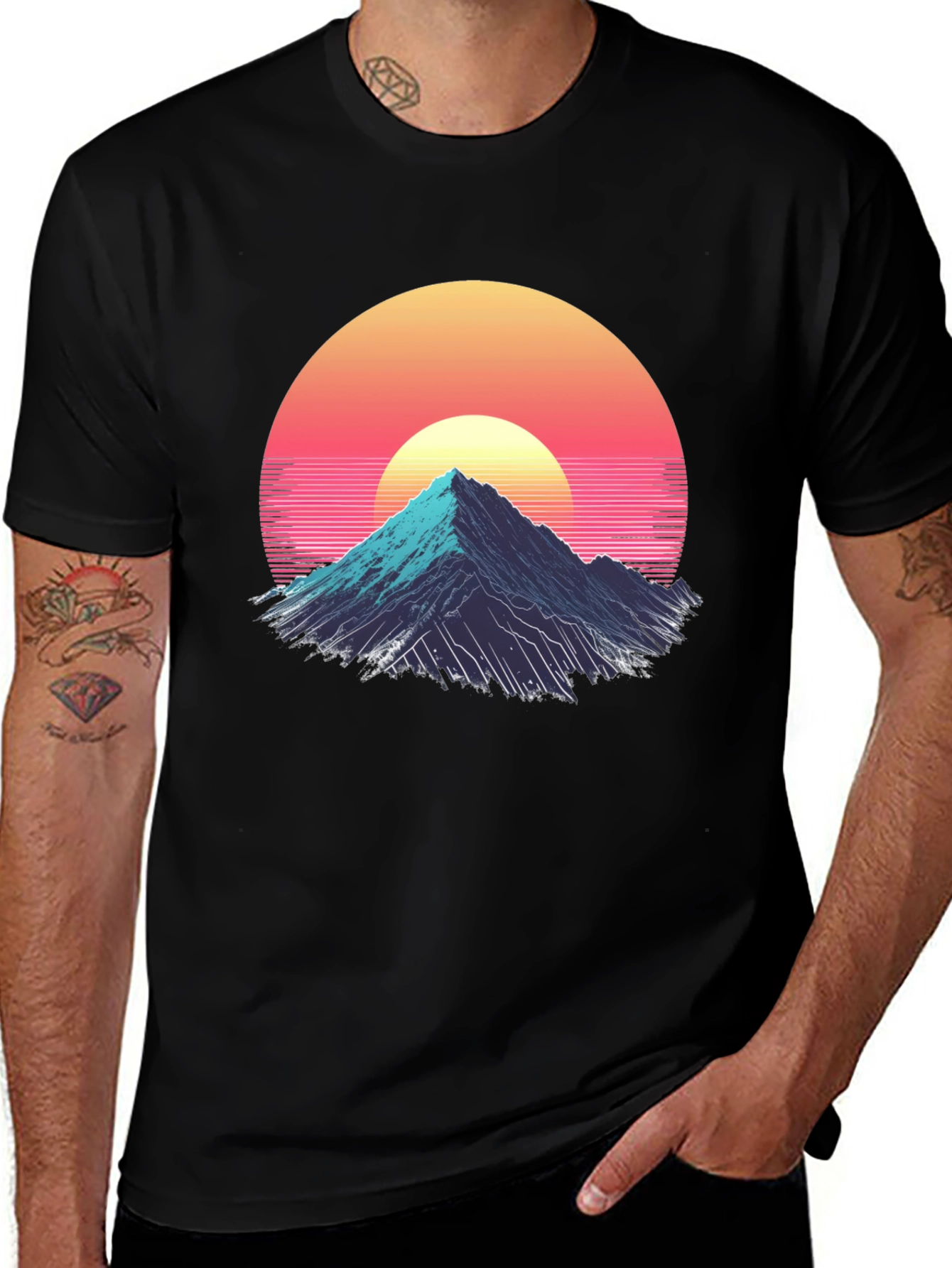 Retro Mountain Sunset Graphic Tee - Black