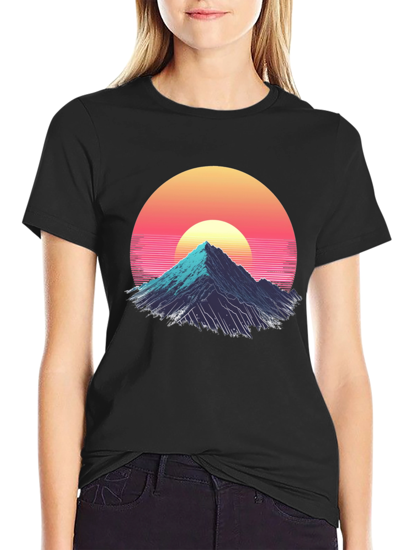 Retro Mountain Sunset Graphic Tee - Black