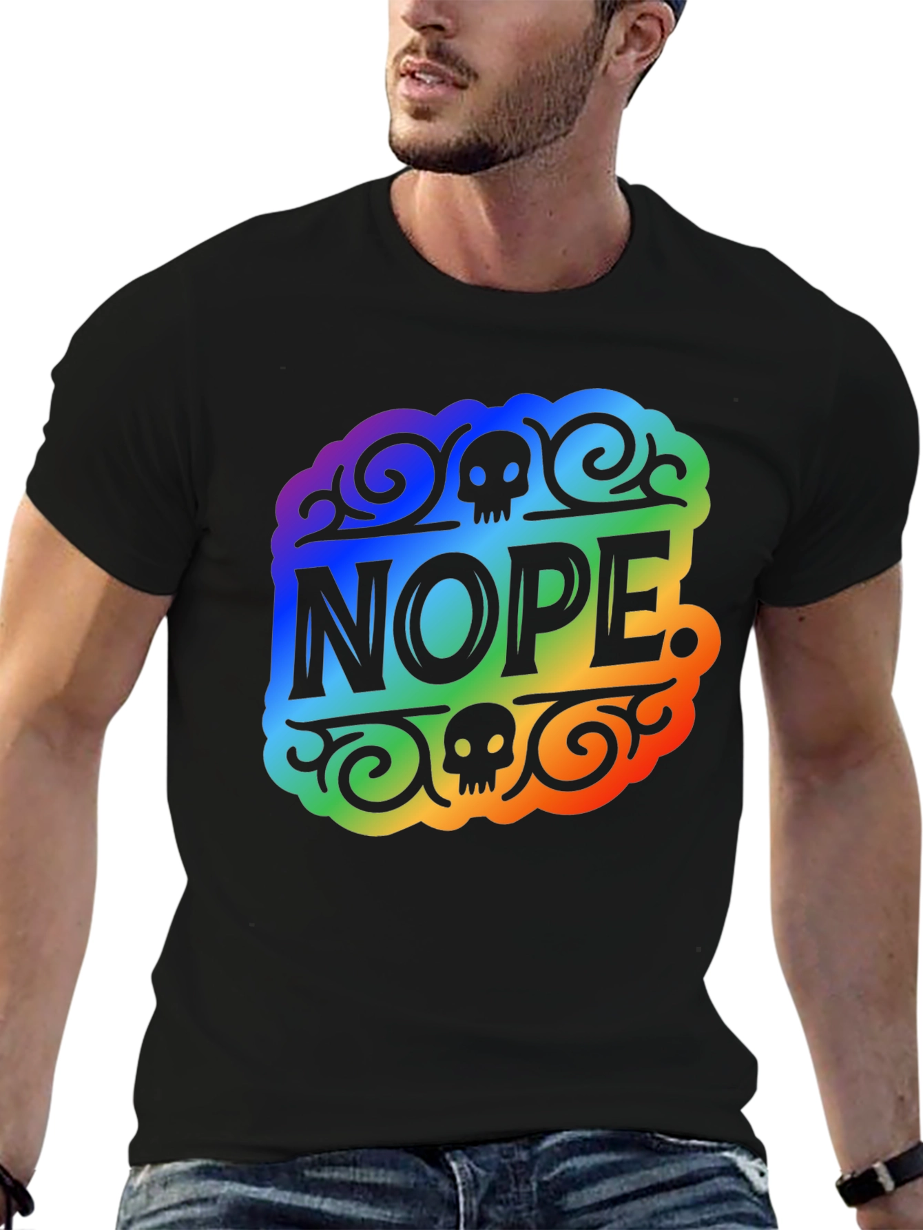 Rainbow NOPE Skull Graphic Black T-Shirt