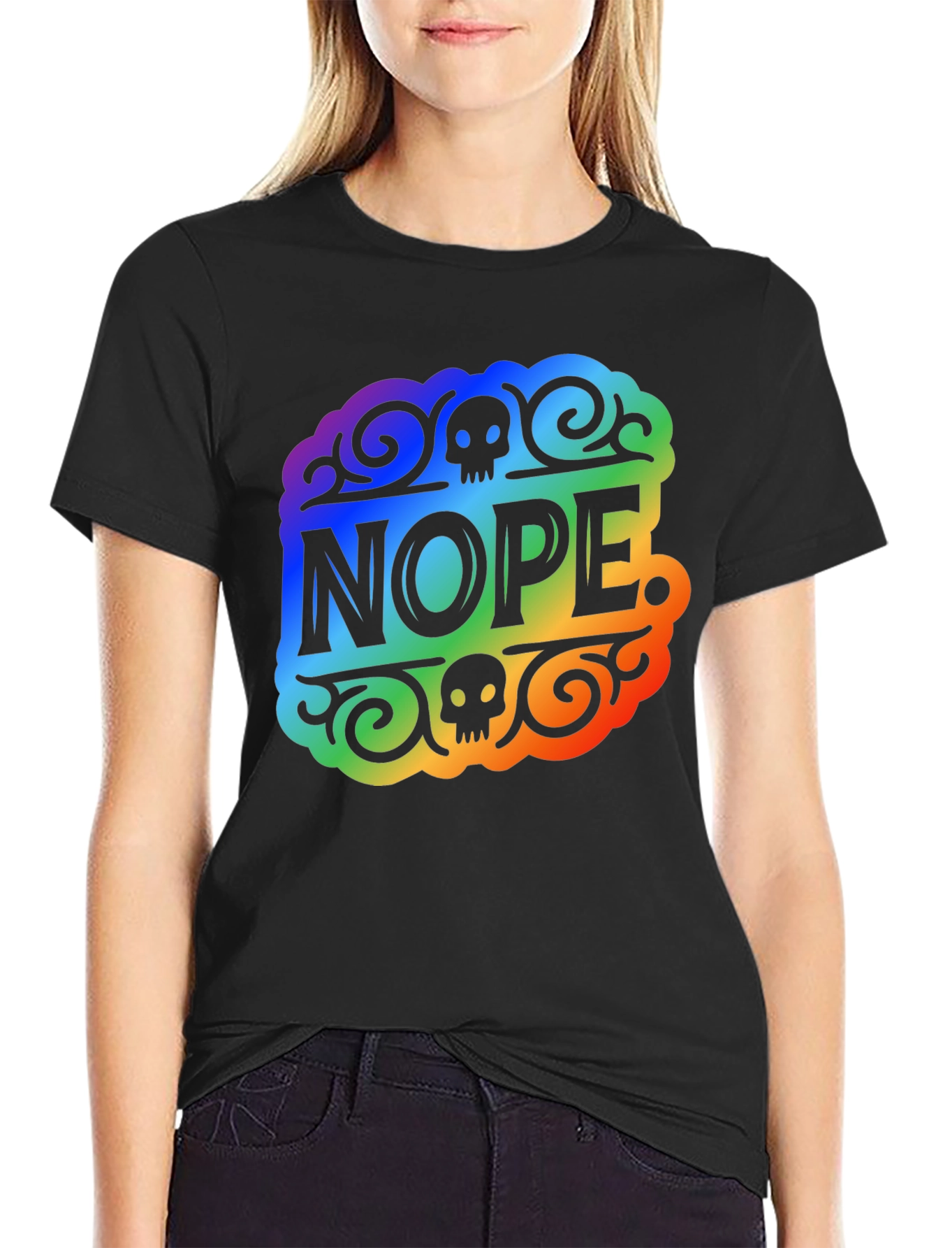 Rainbow NOPE Skull Graphic Black T-Shirt