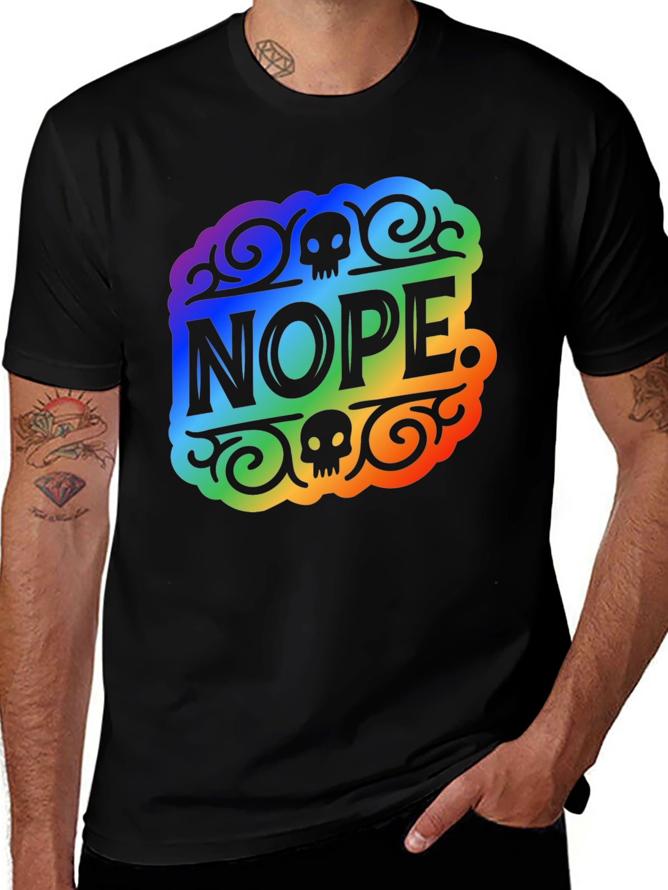 Rainbow NOPE Skull Graphic Black T-Shirt