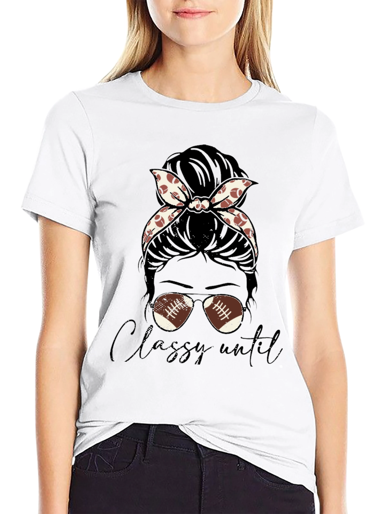 Classy Football Mom Messy Bun T-Shirt