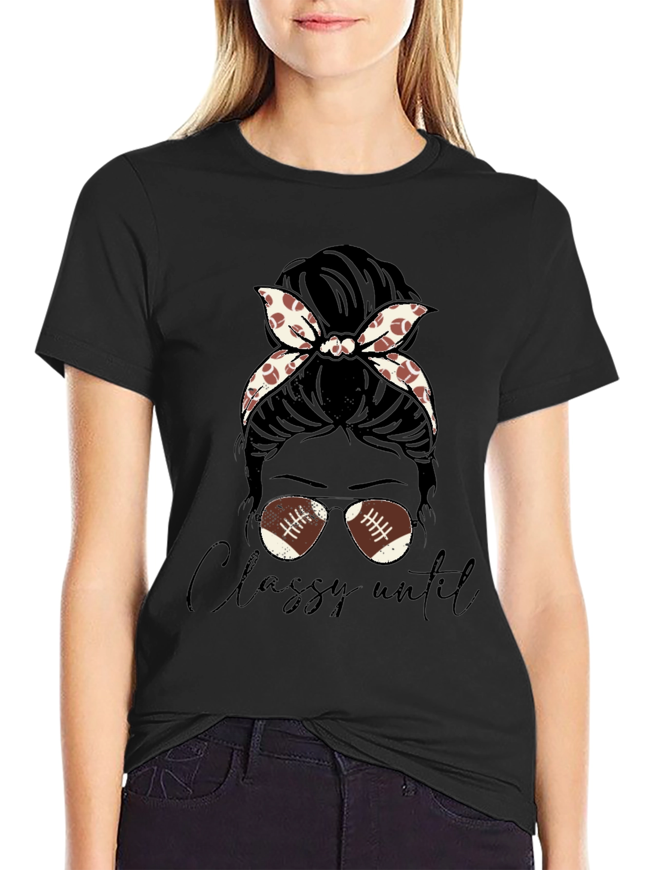 Classy Football Mom Messy Bun T-Shirt