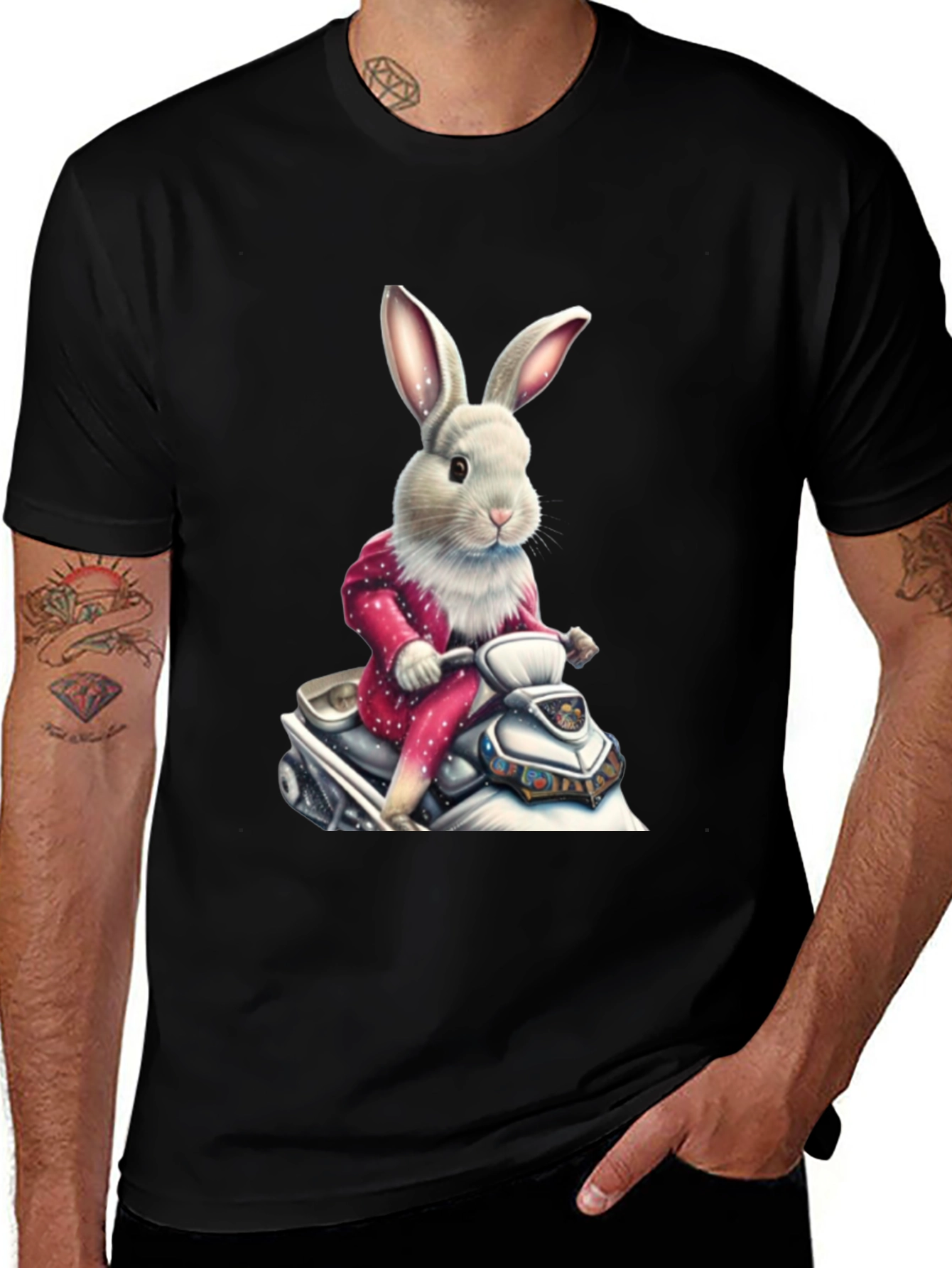 Bunny on Scooter Black T-Shirt