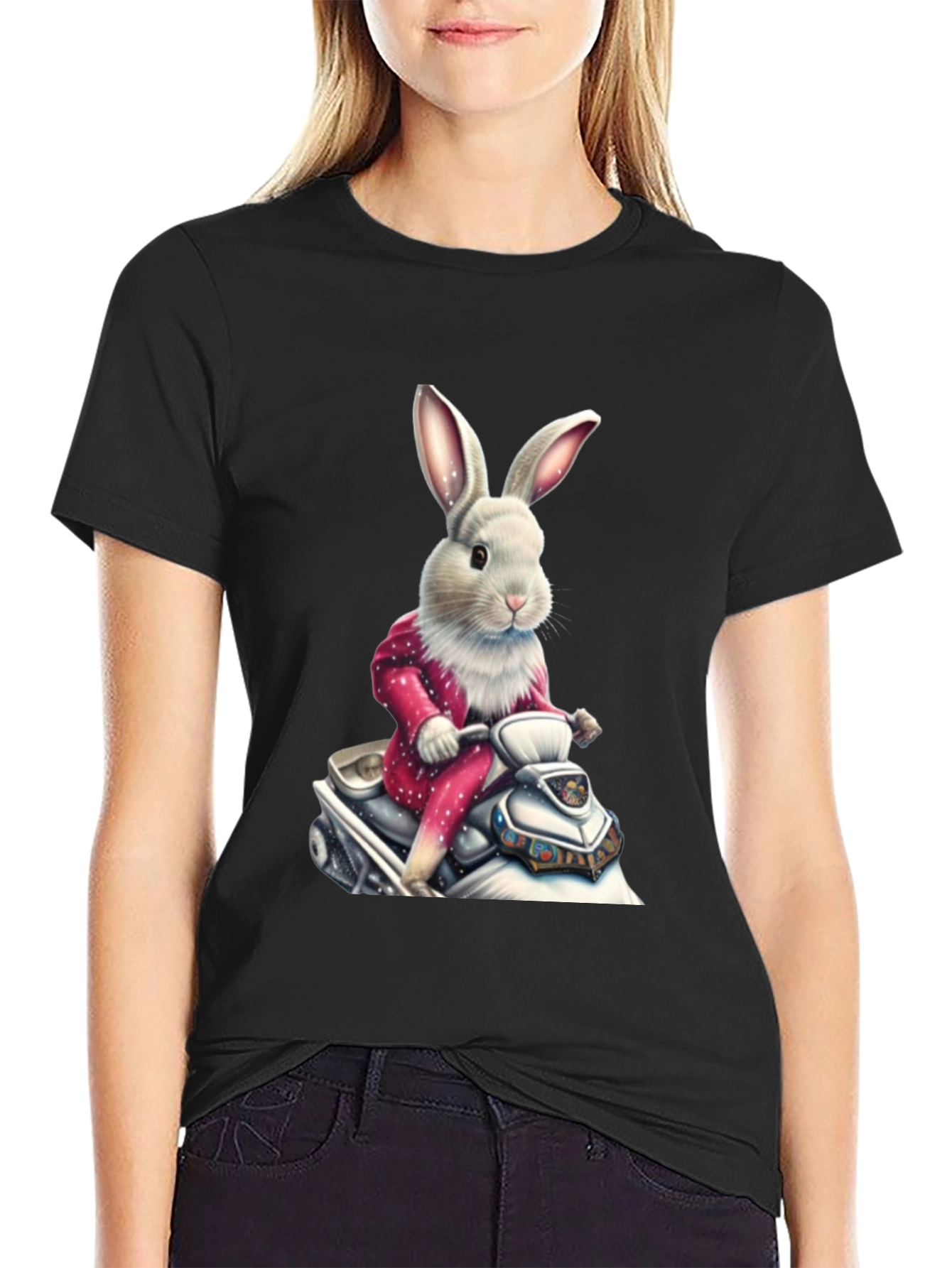 Bunny on Scooter Black T-Shirt