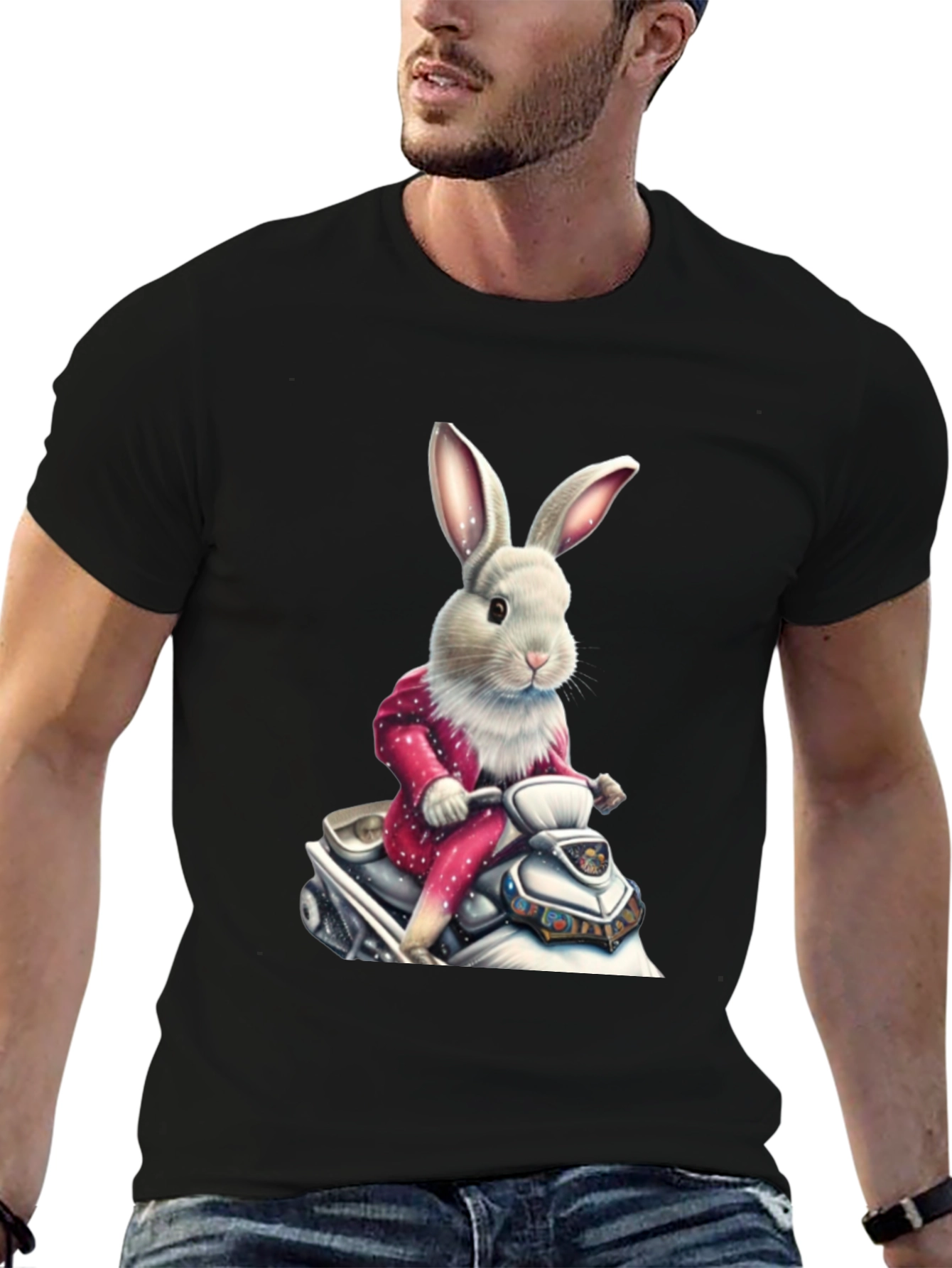 Bunny on Scooter Black T-Shirt