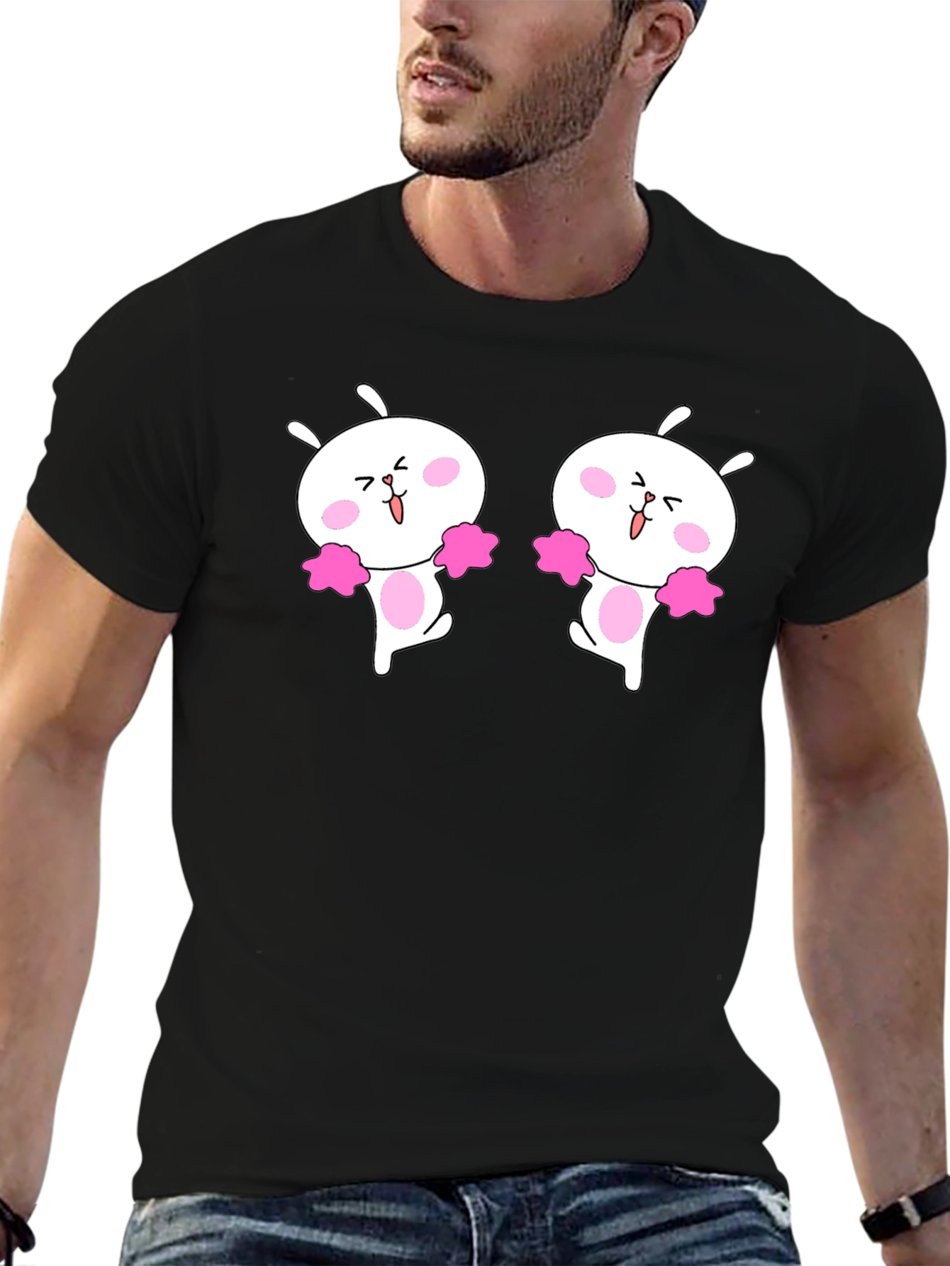 Cute Cheerleader Bunny Graphic Black T-Shirt