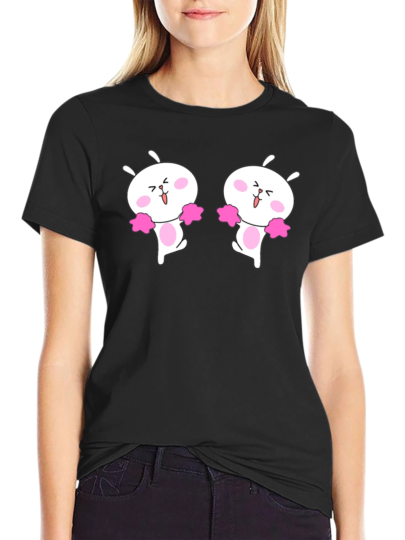 Cute Cheerleader Bunny Graphic Black T-Shirt