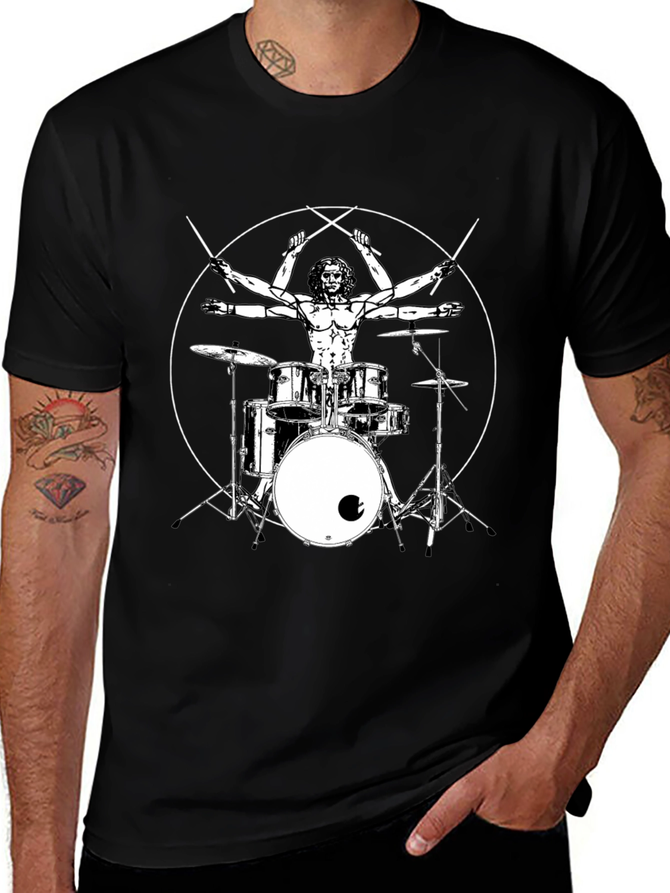 Drummer Vitruvian Man Black T-Shirt