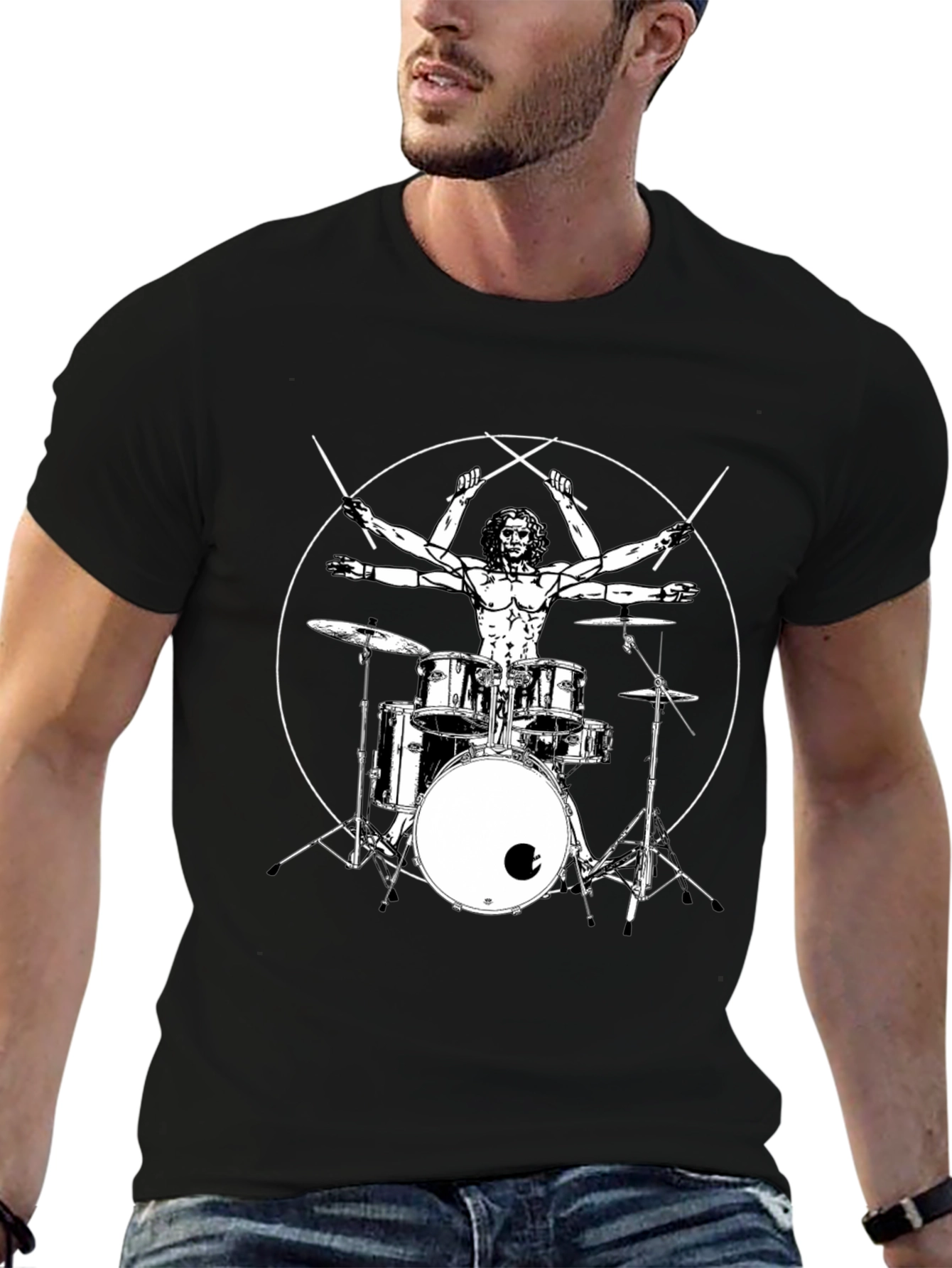 Drummer Vitruvian Man Black T-Shirt