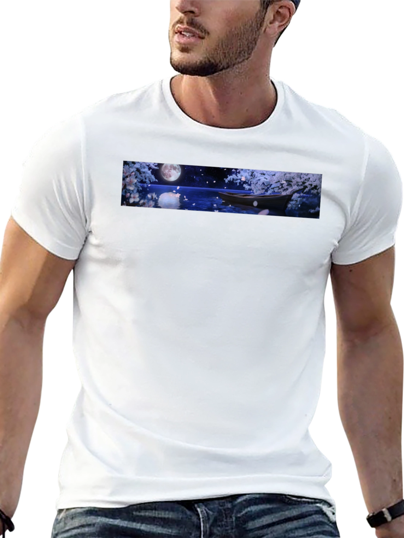 Moonlit Boat Graphic T-Shirt - Elegant Night Scene