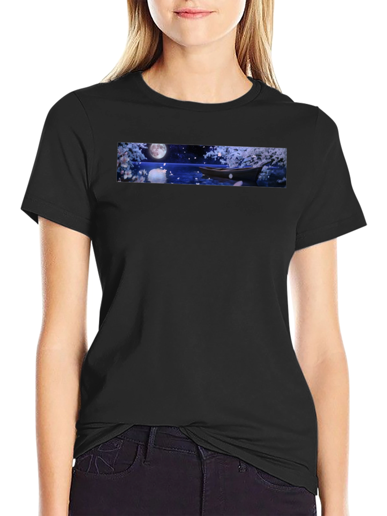 Moonlit Boat Graphic T-Shirt - Elegant Night Scene
