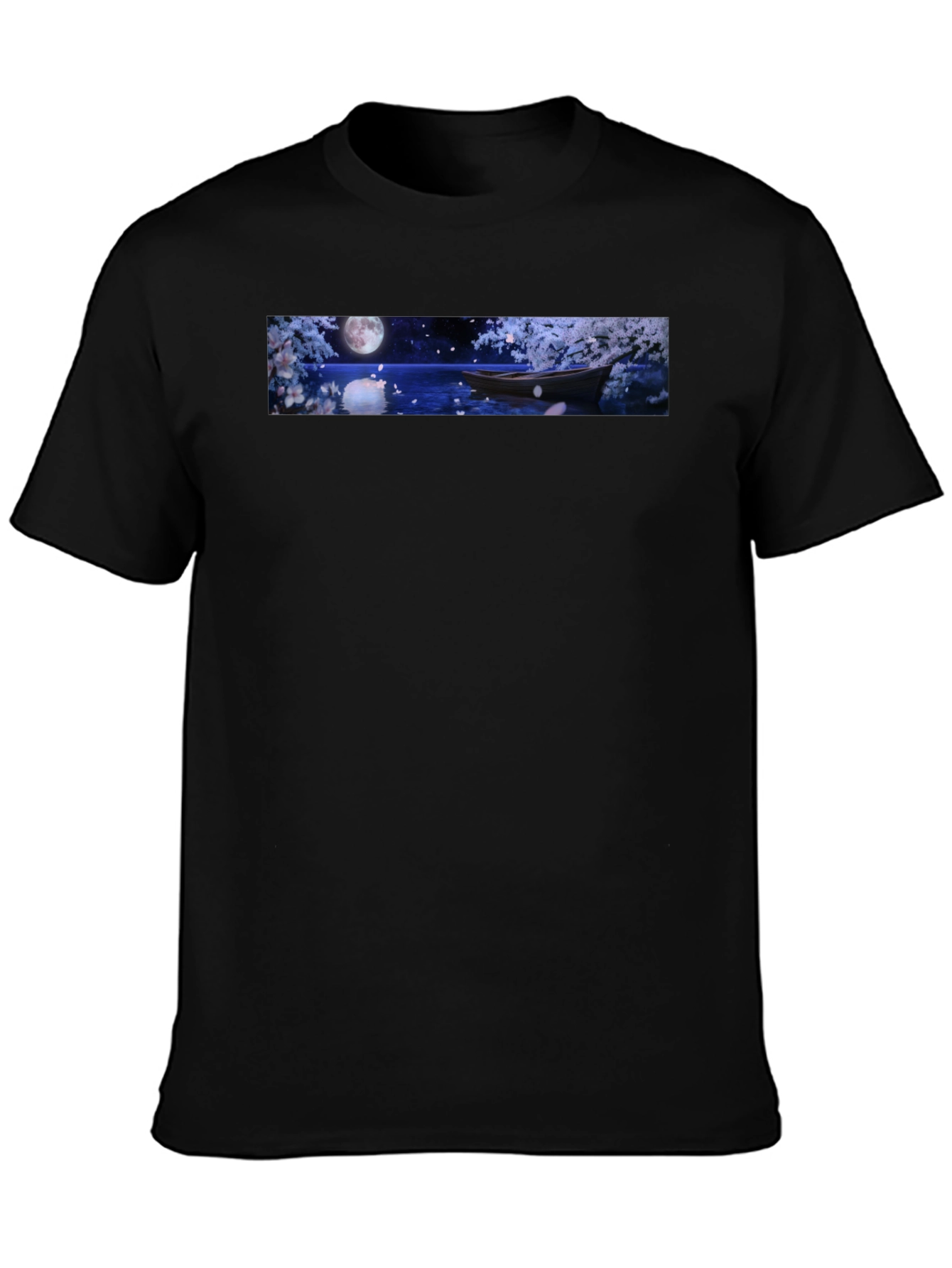 Moonlit Boat Graphic T-Shirt - Elegant Night Scene