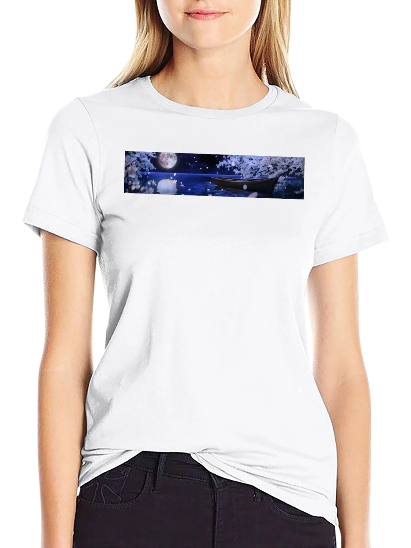 Moonlit Boat Graphic T-Shirt - Elegant Night Scene