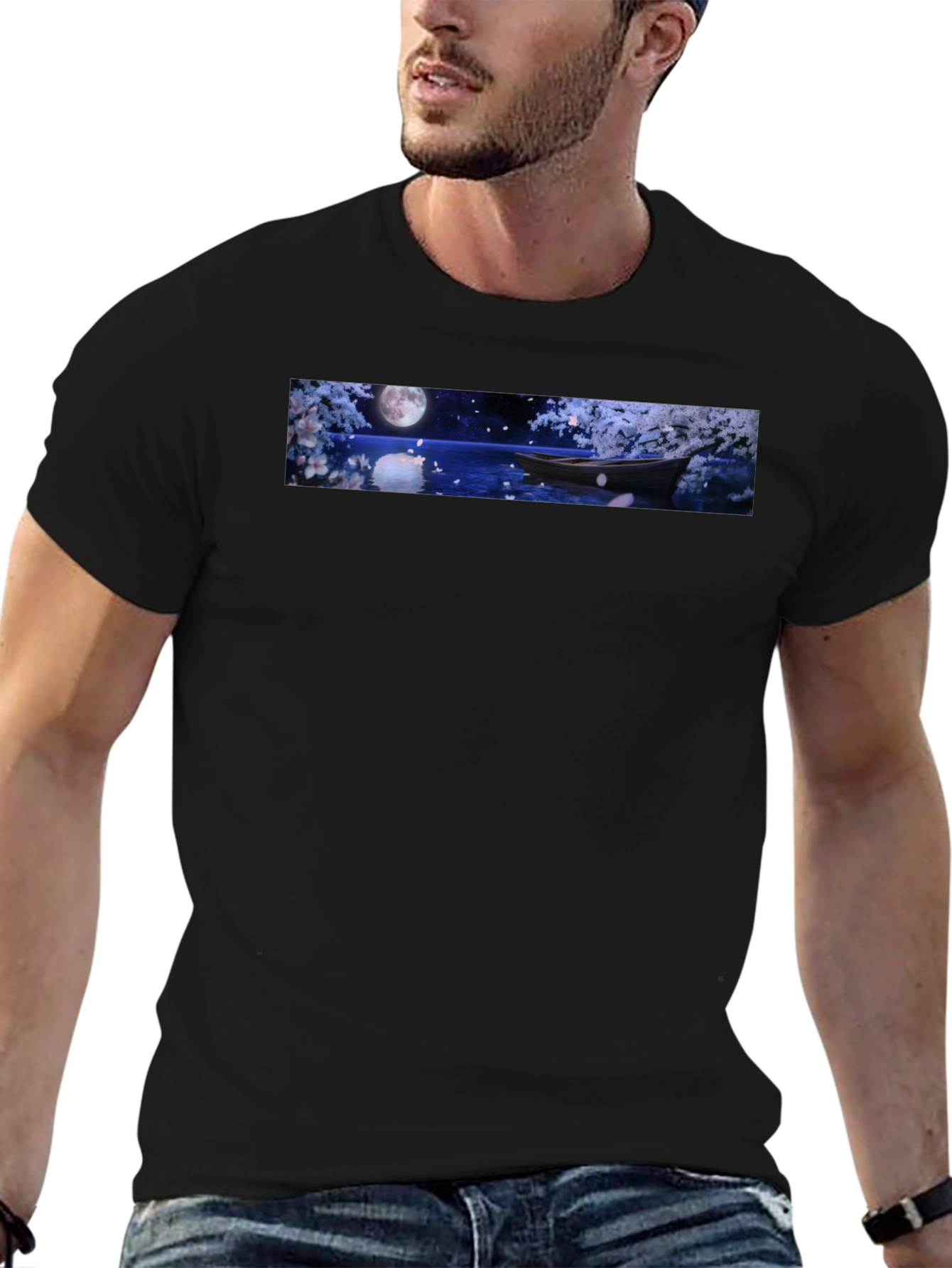 Moonlit Boat Graphic T-Shirt - Elegant Night Scene