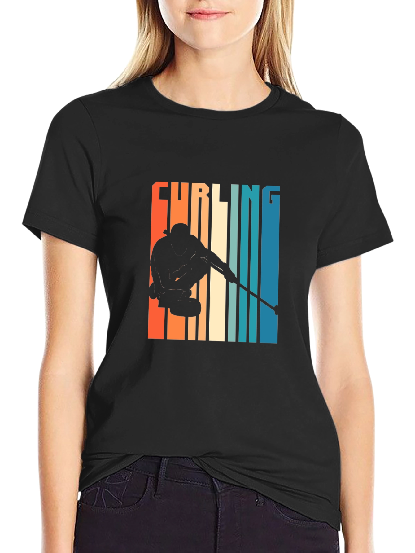 Curling Silhouette Graphic Tee - Retro Style