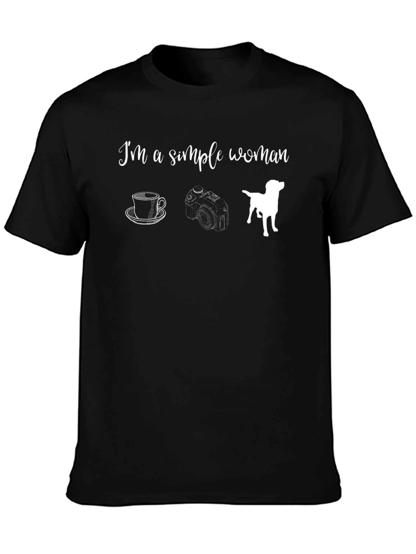 Simple Woman Black Graphic T-Shirt - Coffee Camera Dog