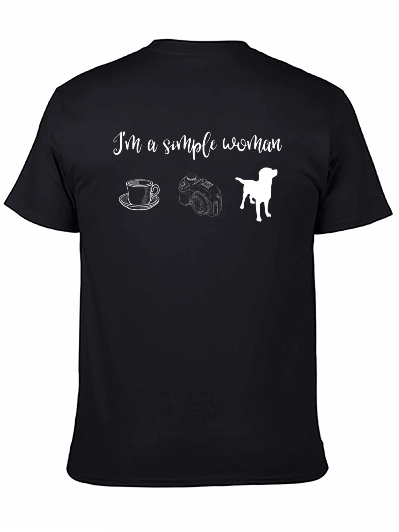 Simple Woman Black Graphic T-Shirt - Coffee Camera Dog