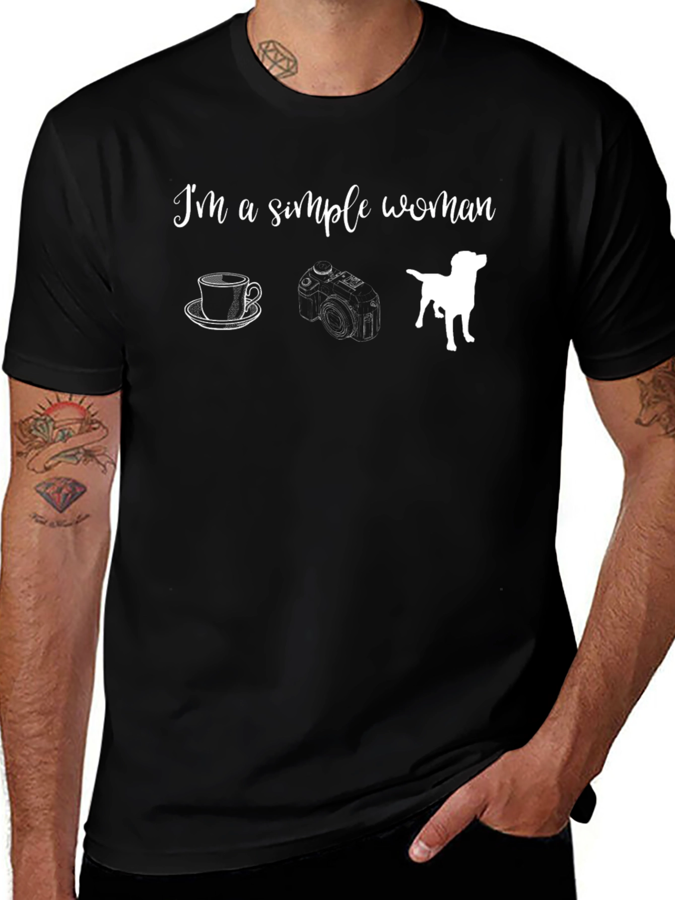 Simple Woman Black Graphic T-Shirt - Coffee Camera Dog