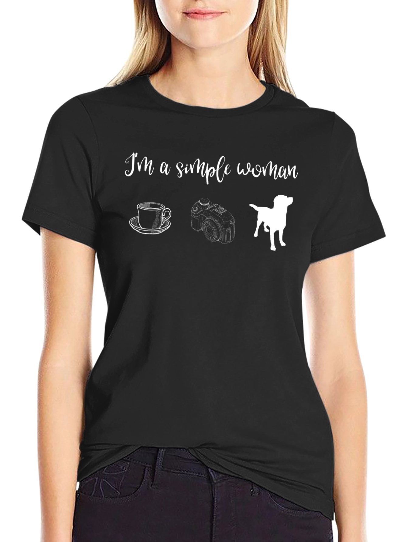 Simple Woman Black Graphic T-Shirt - Coffee Camera Dog