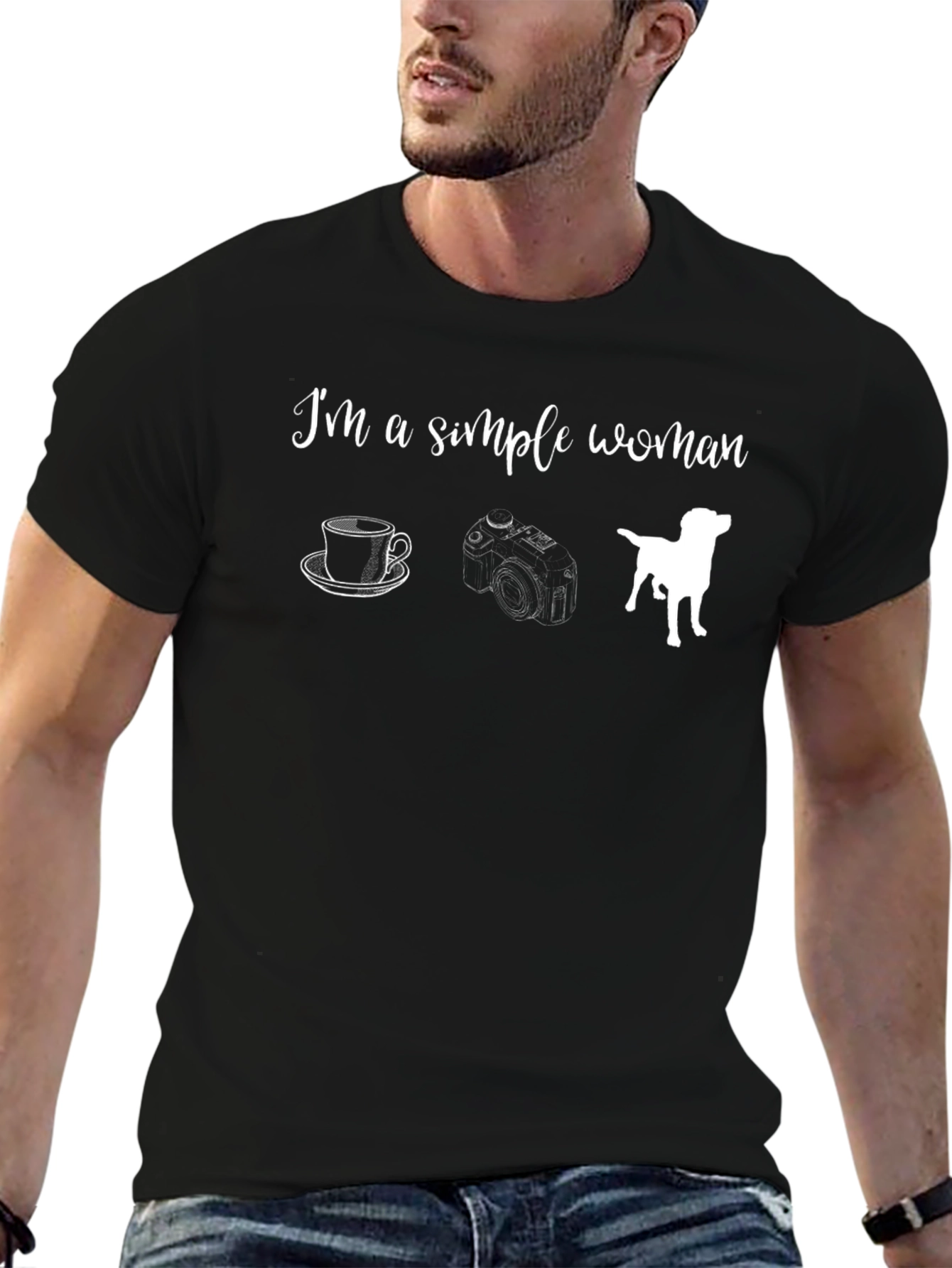 Simple Woman Black Graphic T-Shirt - Coffee Camera Dog