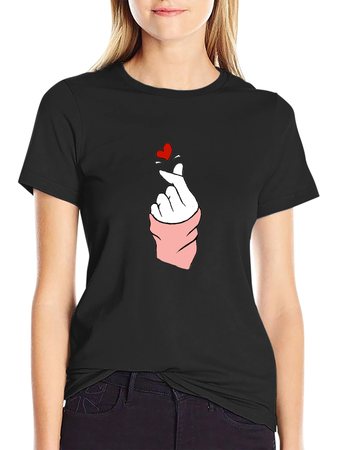 Heart Finger Gesture Black T-Shirt