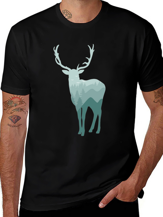 Nature Deer Graphic Tee - Black Cotton Blend