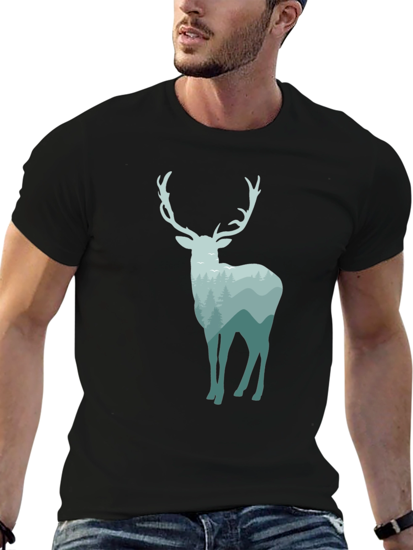 Nature Deer Graphic Tee - Black Cotton Blend