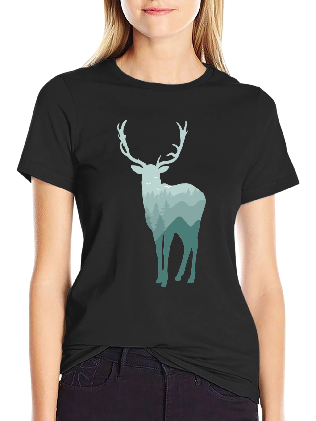 Nature Deer Graphic Tee - Black Cotton Blend