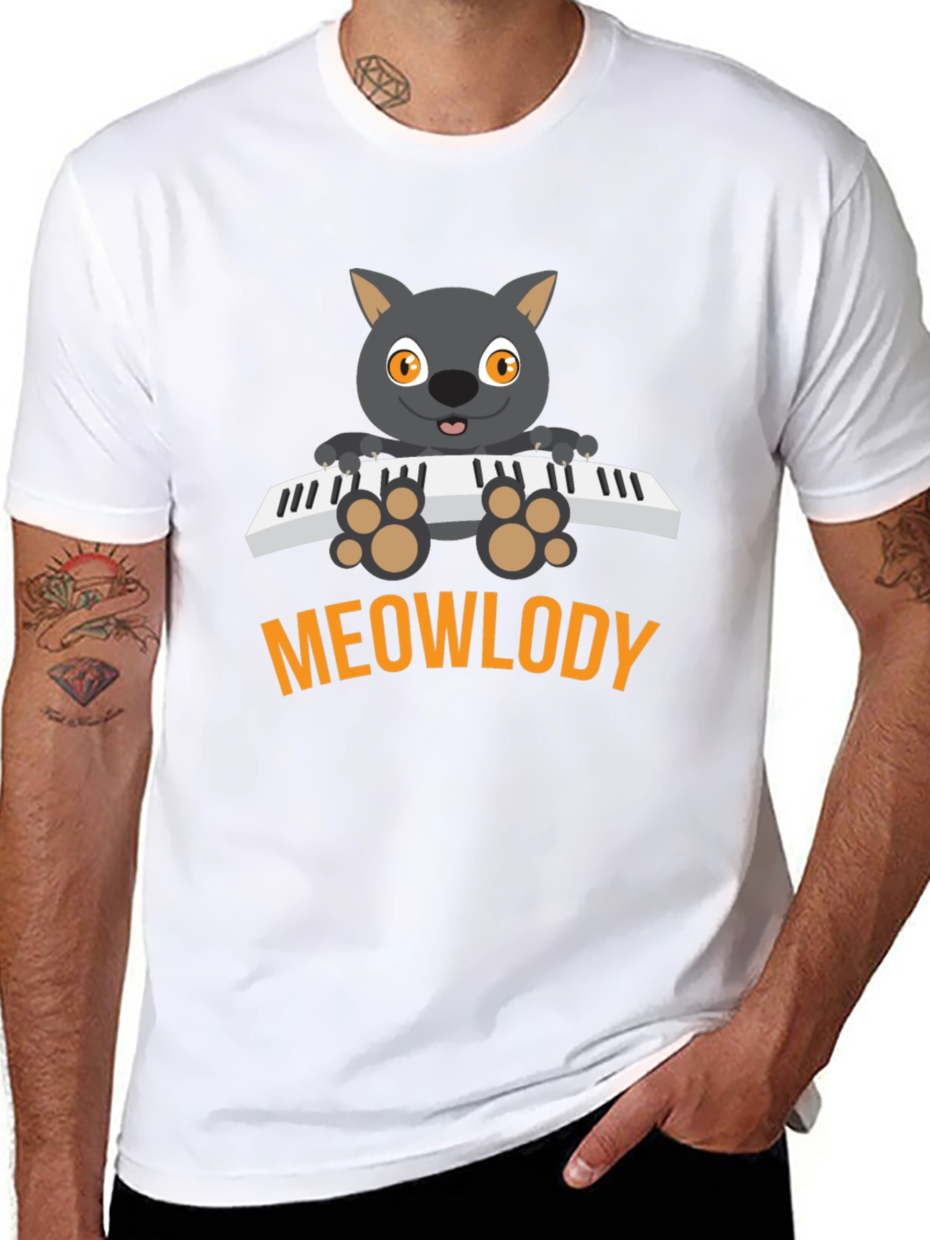 Meowlody Cat Playing Piano Black Graphic Tee