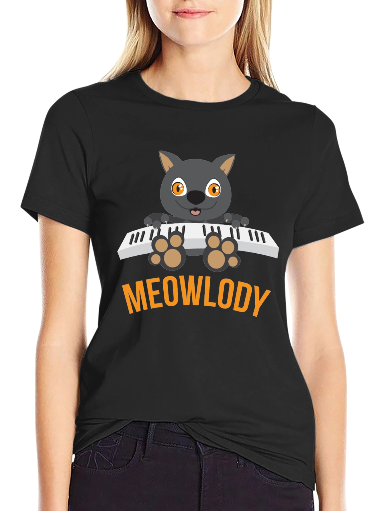 Meowlody Cat Playing Piano Black Graphic Tee
