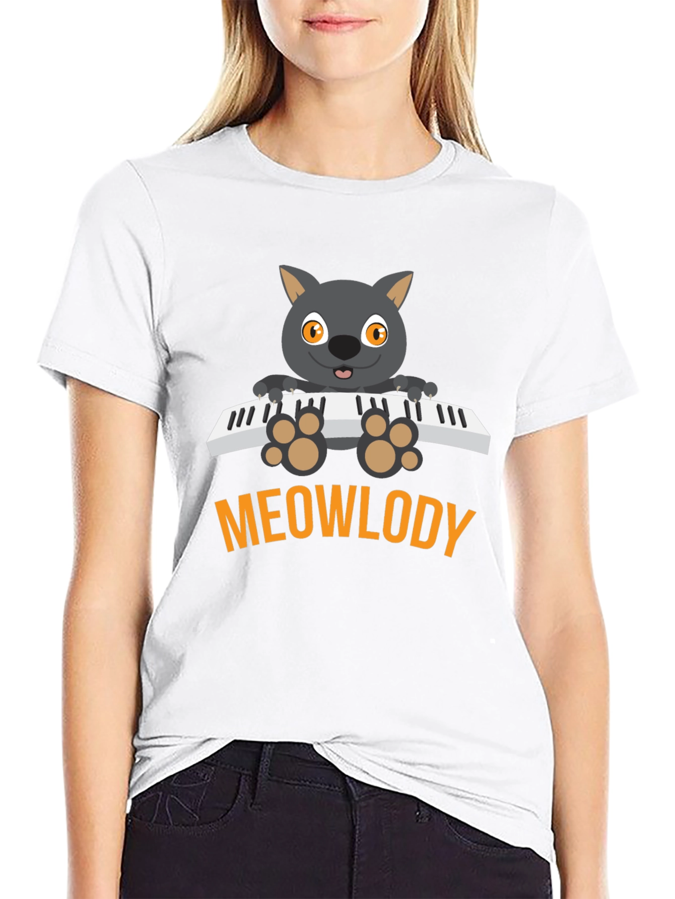 Meowlody Cat Playing Piano Black Graphic Tee