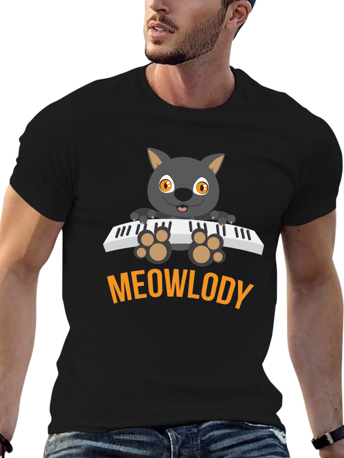 Meowlody Cat Playing Piano Black Graphic Tee