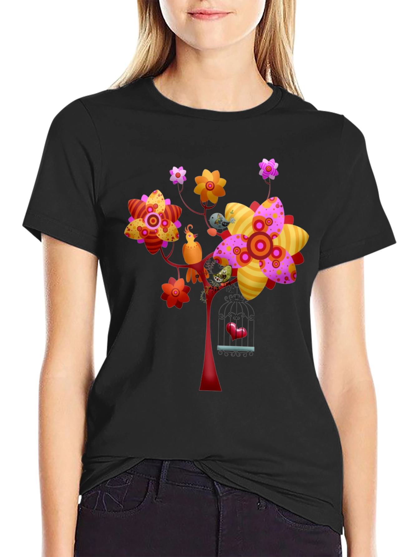 Floral Birdcage Graphic Tee - Unique Design