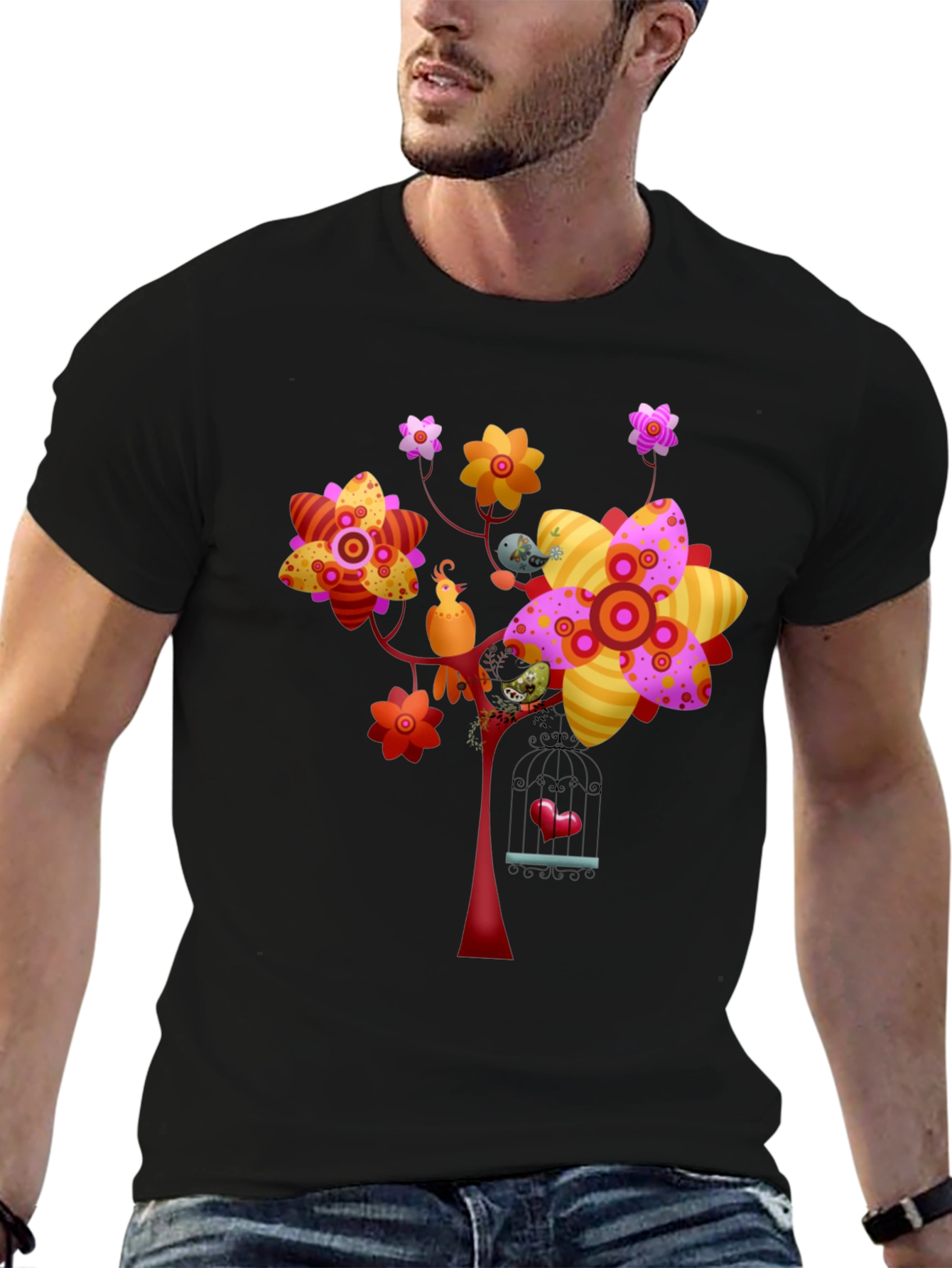 Floral Birdcage Graphic Tee - Unique Design