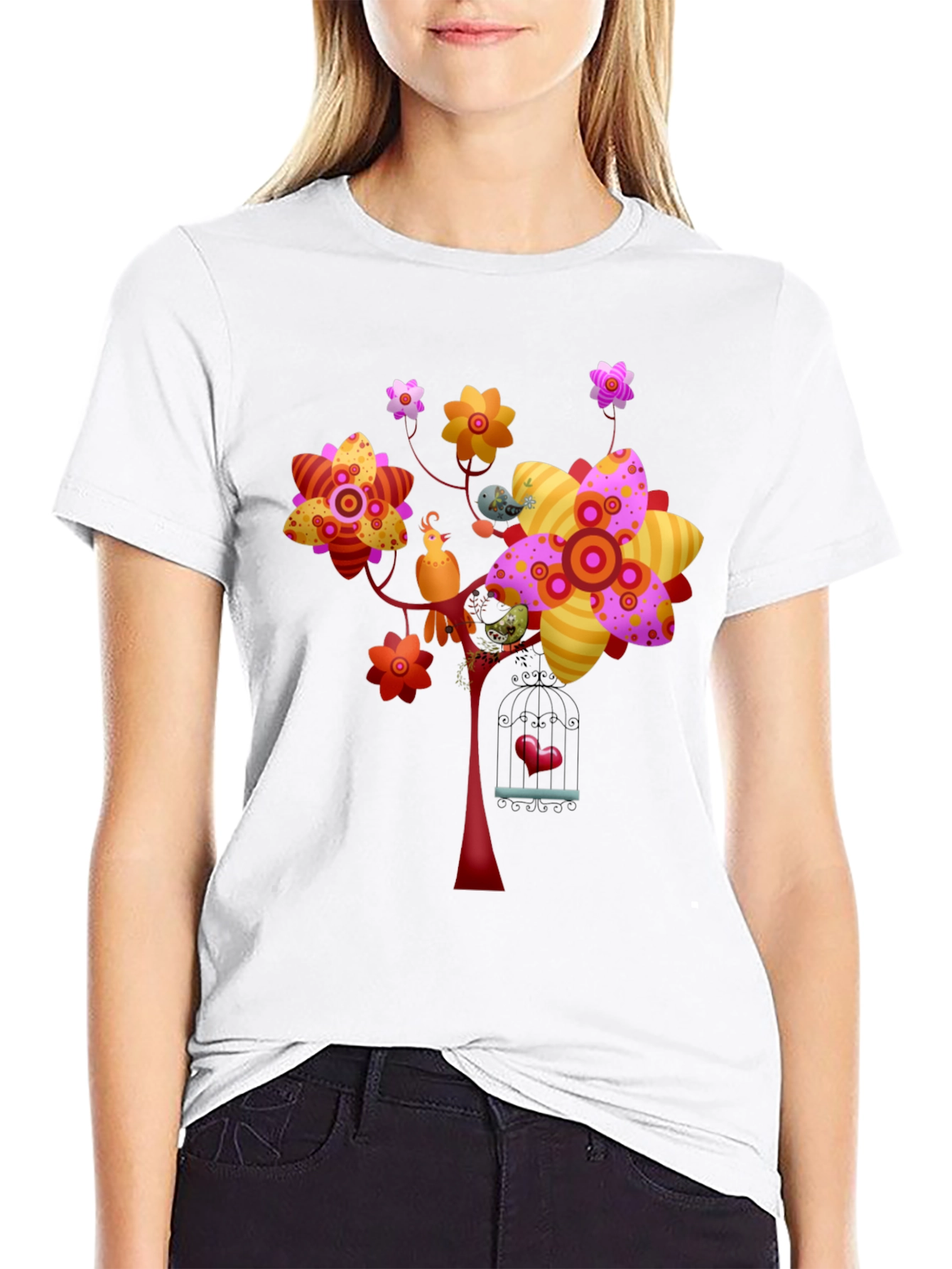 Floral Birdcage Graphic Tee - Unique Design