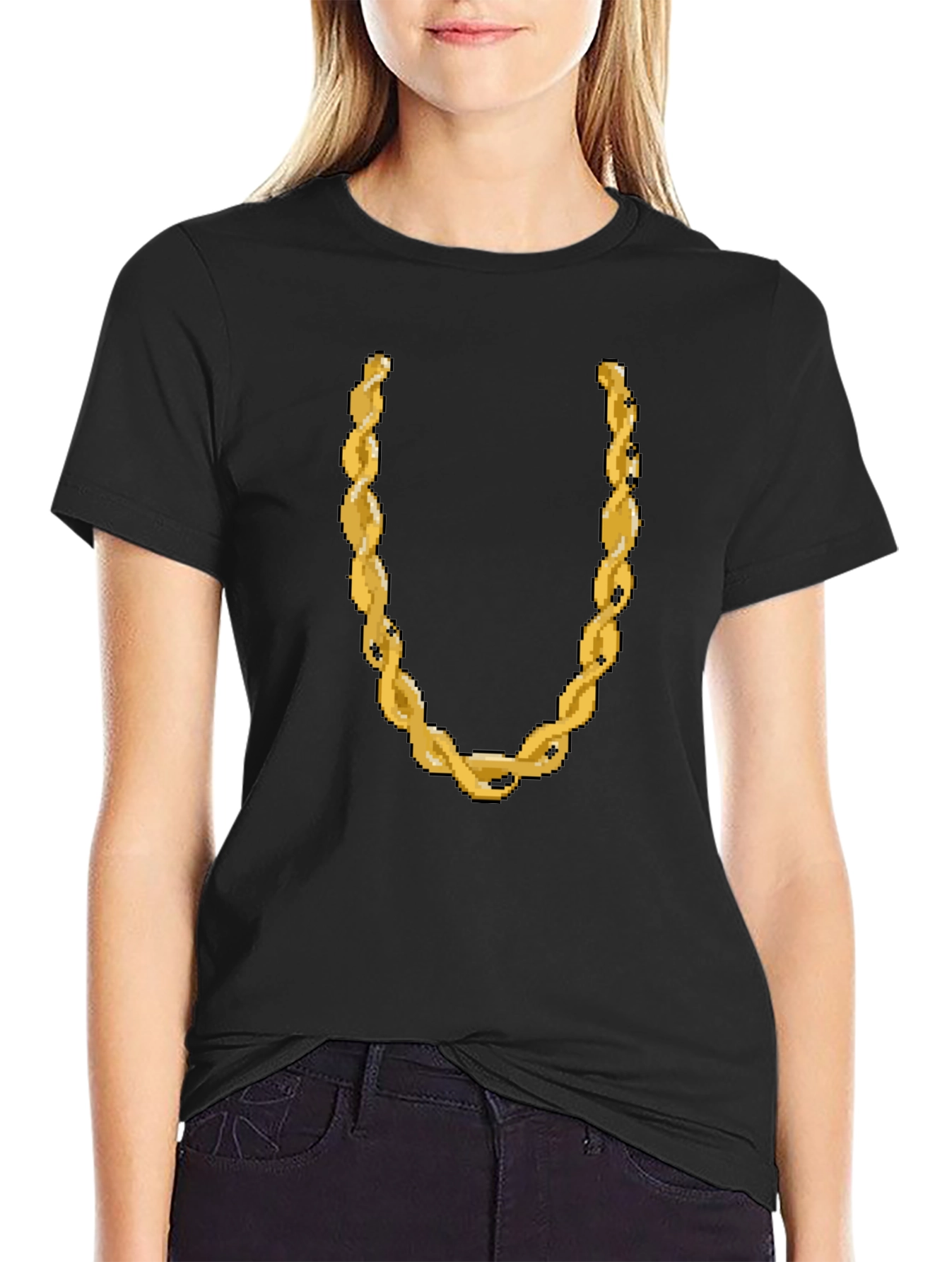 Pixelated Gold Chain Graphic Tee - Black