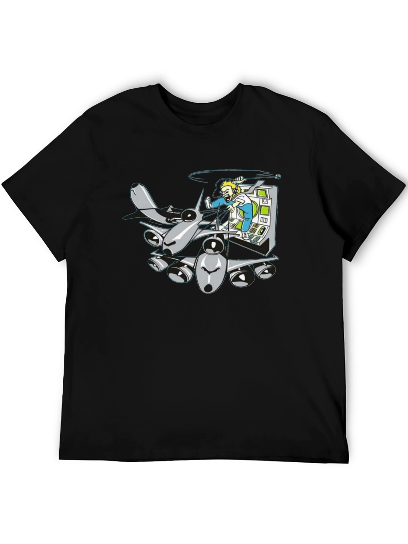 Cartoon Plane Pilot Black T-Shirt