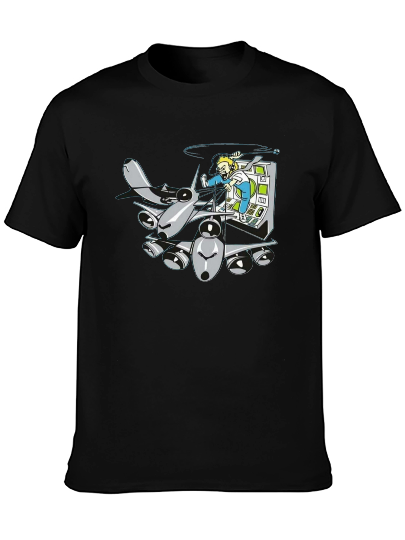 Cartoon Plane Pilot Black T-Shirt