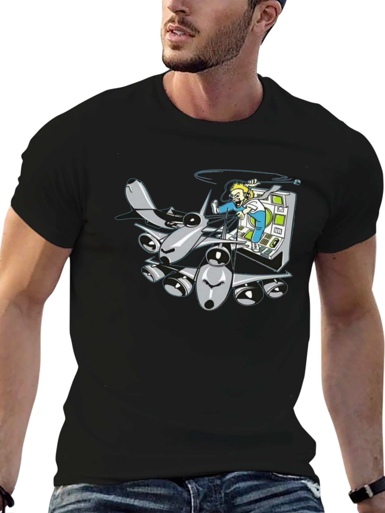 Cartoon Plane Pilot Black T-Shirt