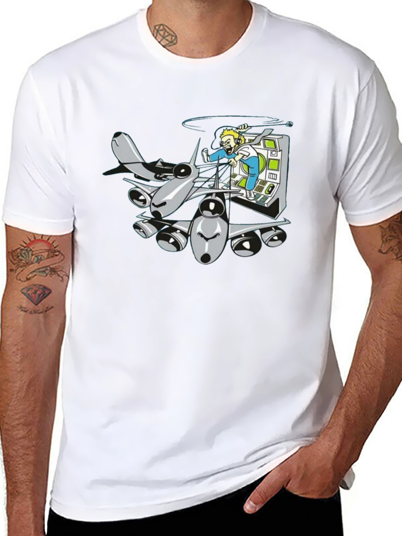 Cartoon Plane Pilot Black T-Shirt