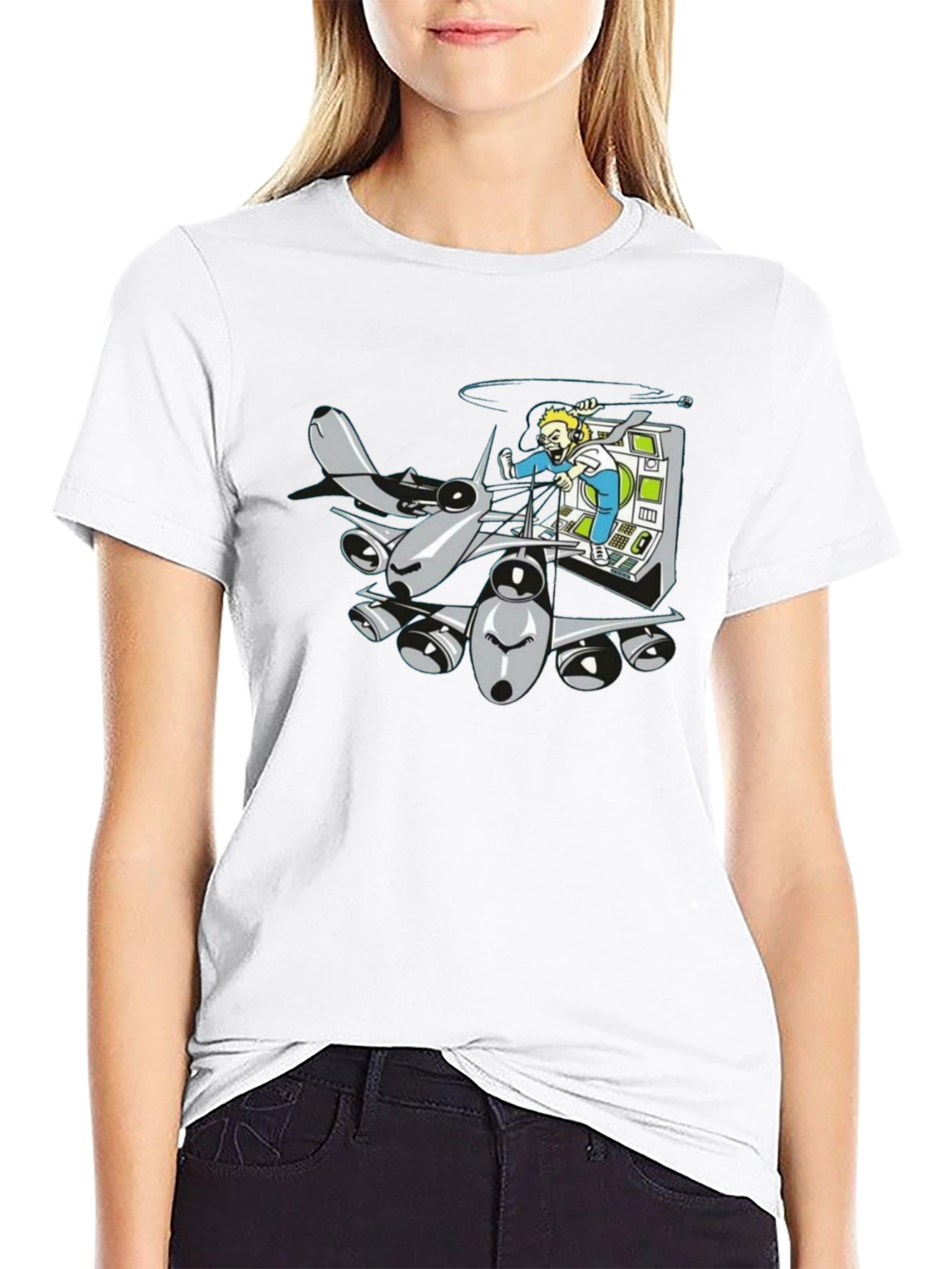 Cartoon Plane Pilot Black T-Shirt