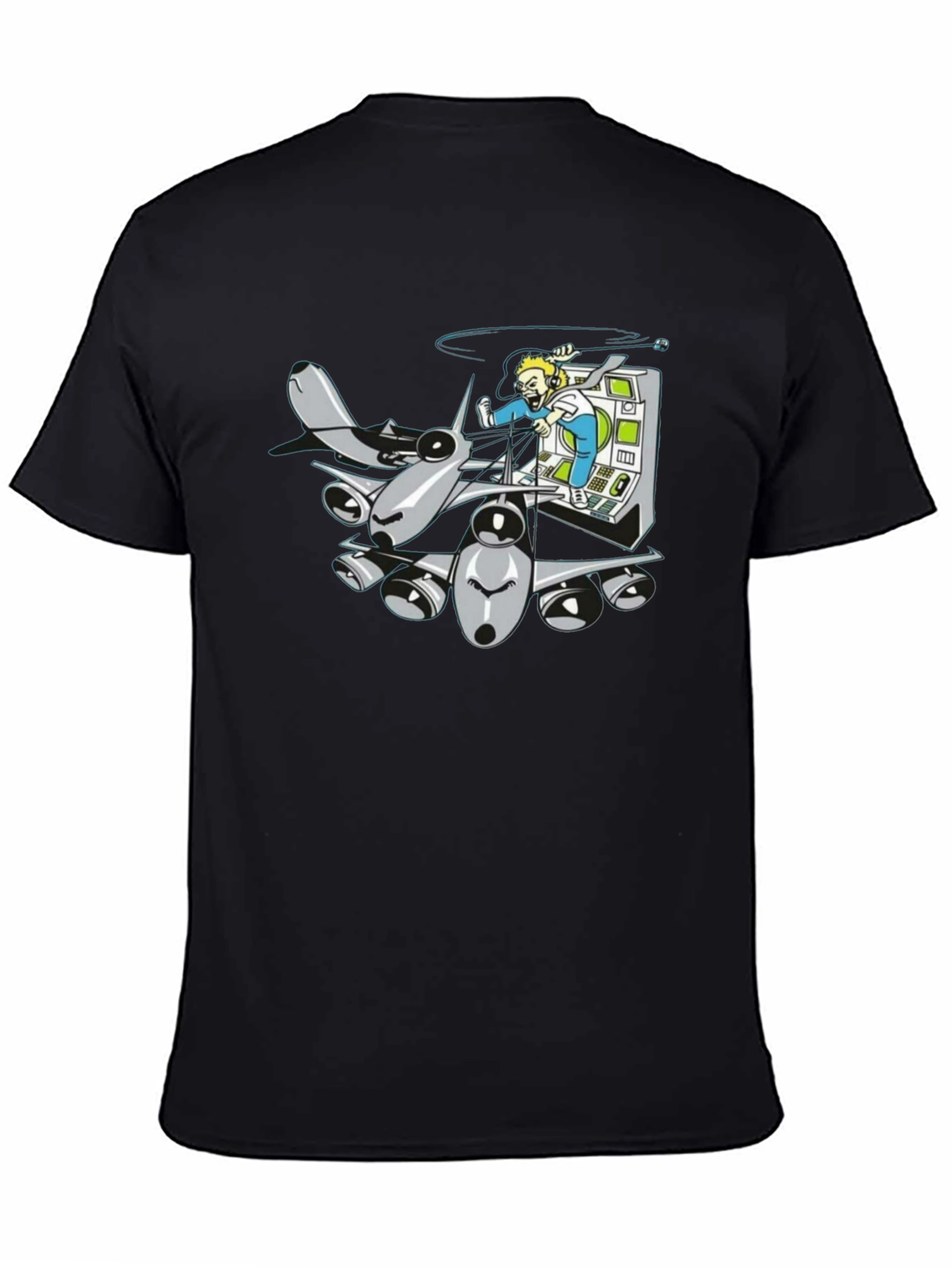 Cartoon Plane Pilot Black T-Shirt